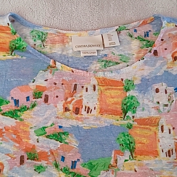 Cynthia Rowley Linen Scenic Print Cap Sleeve Top Large Coastal Resort Summer - Picture 5 of 11